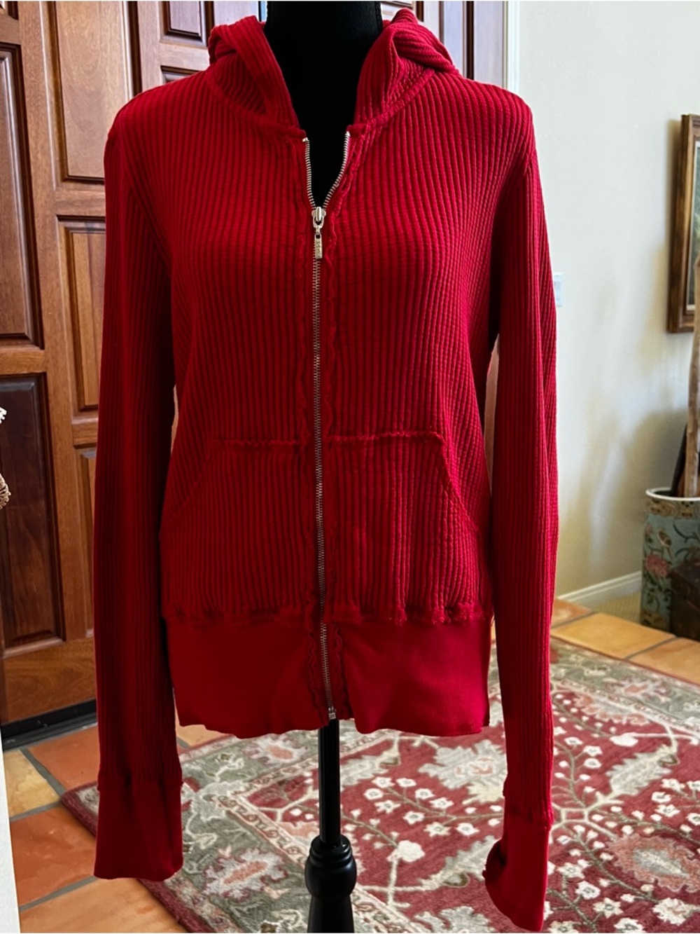 Women’s Red Ribbed Zip Hoodie with Front Pockets